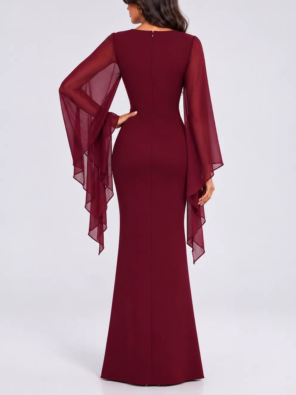 Burgundy Boat Neck Draped Cape Maxi Dress