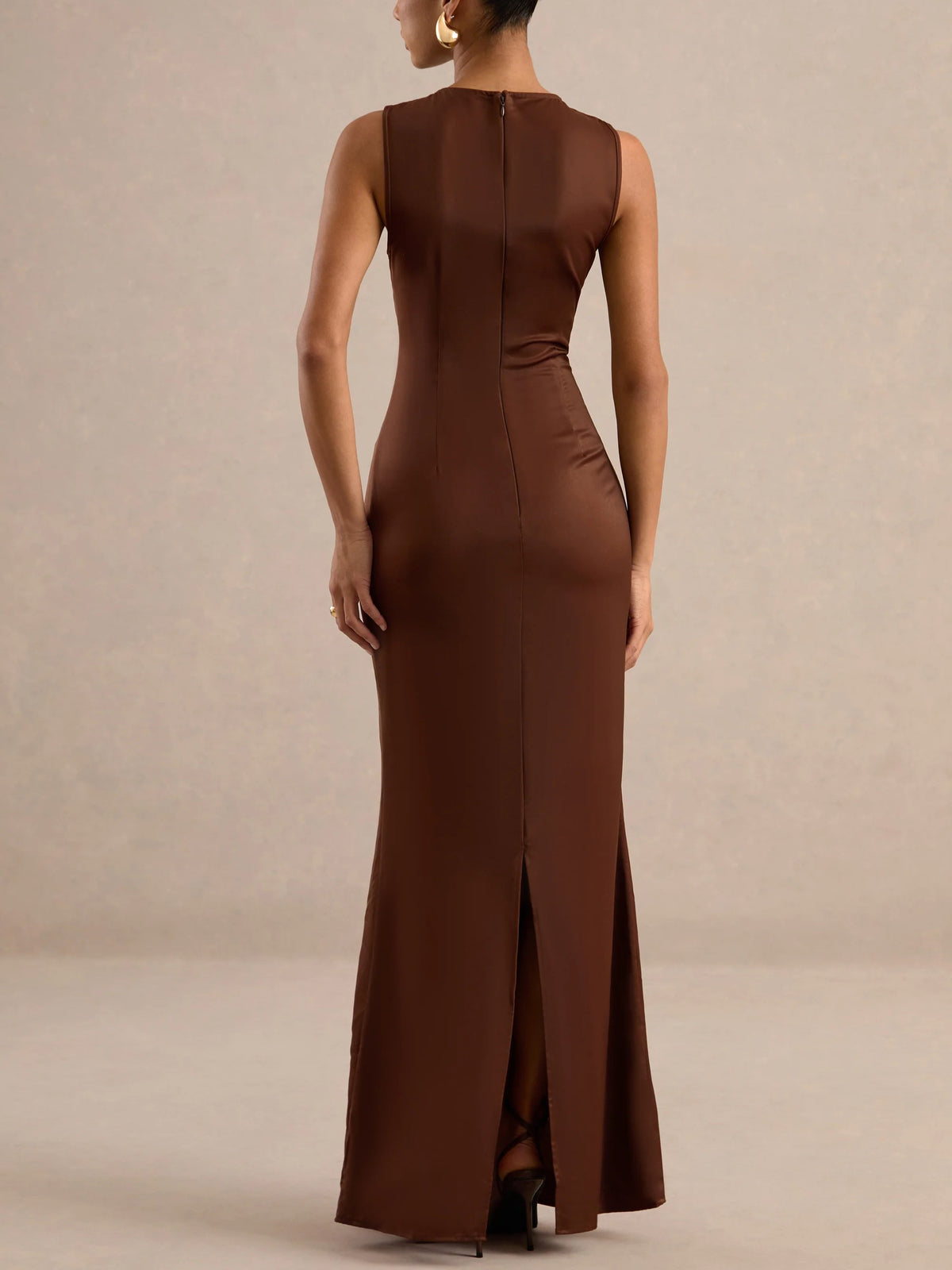 Brown Off Shoulder Feather Trim Maxi Dress
