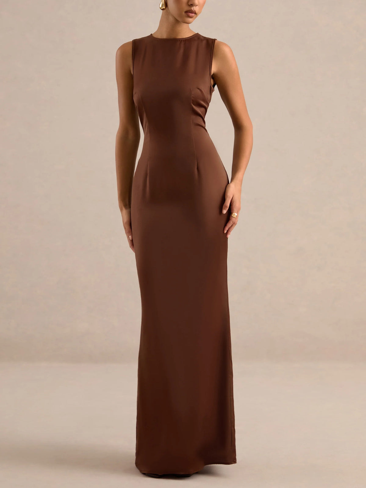 Brown Off Shoulder Feather Trim Maxi Dress