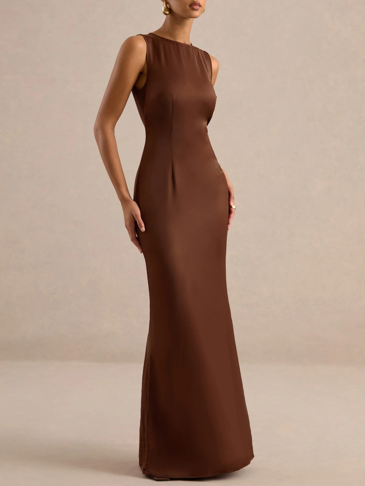 Brown Off Shoulder Feather Trim Maxi Dress