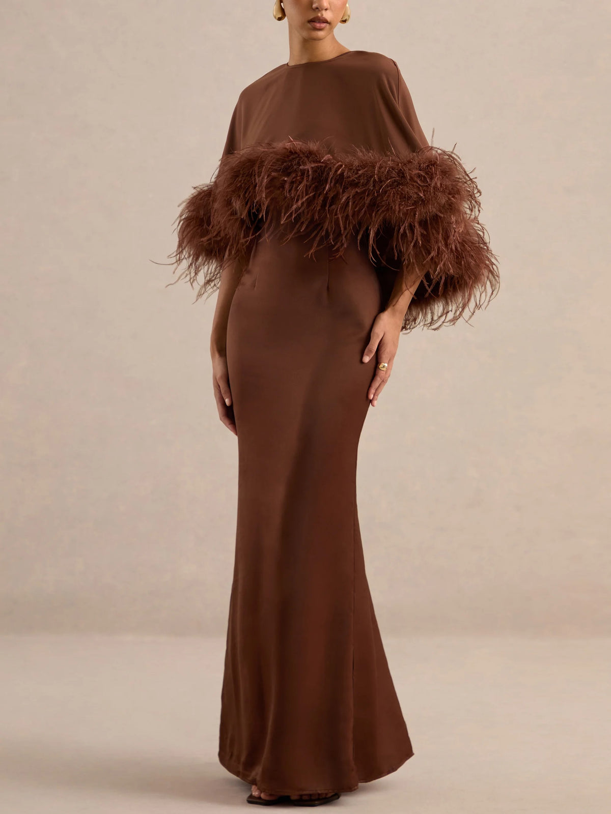 Brown Off Shoulder Feather Trim Maxi Dress