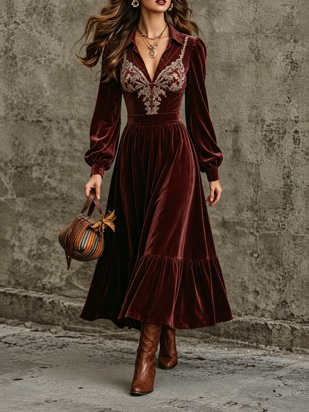 Burgundy Velvet Embroidered Maxi Dress