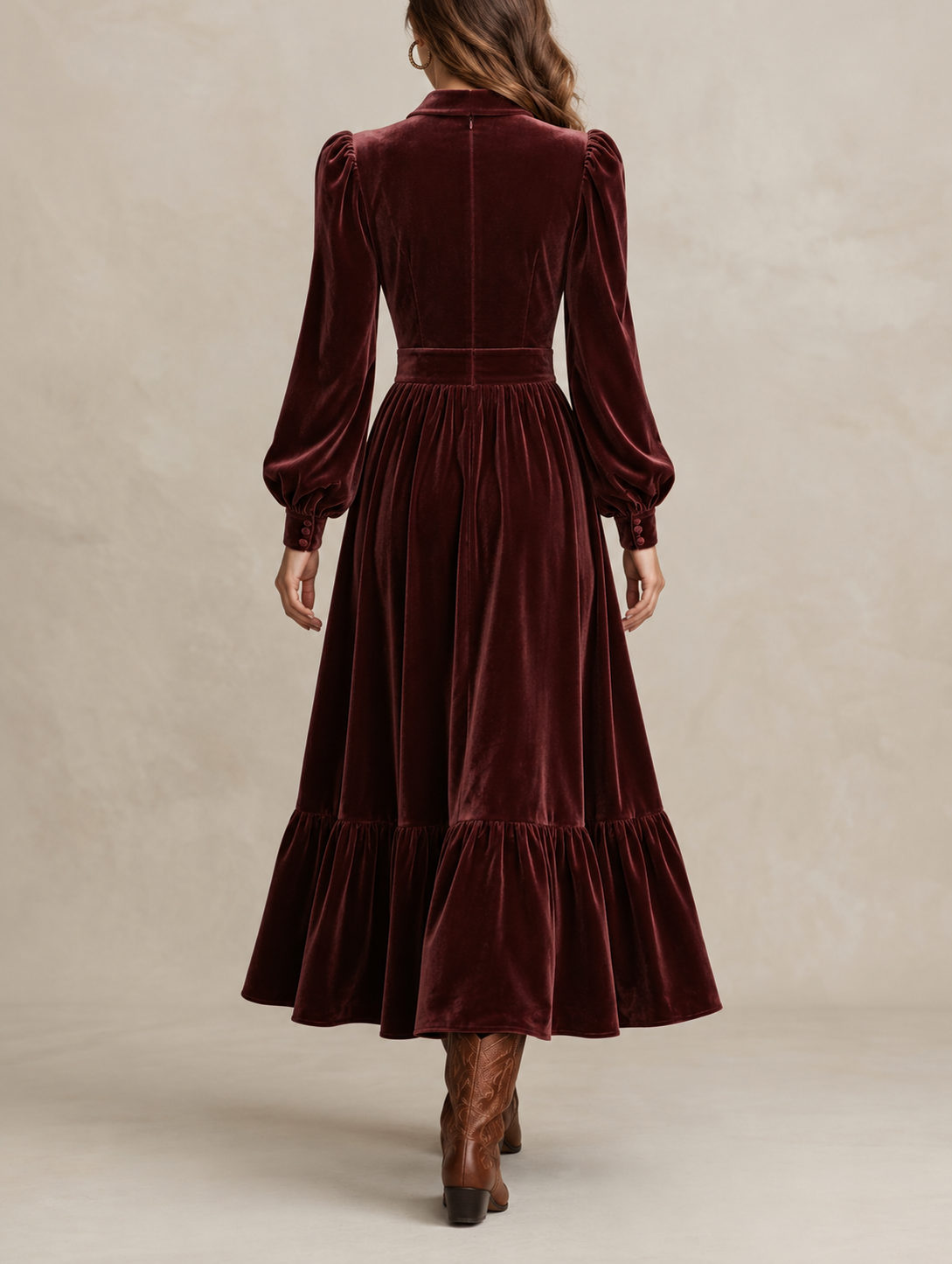Burgundy Velvet Embroidered Maxi Dress