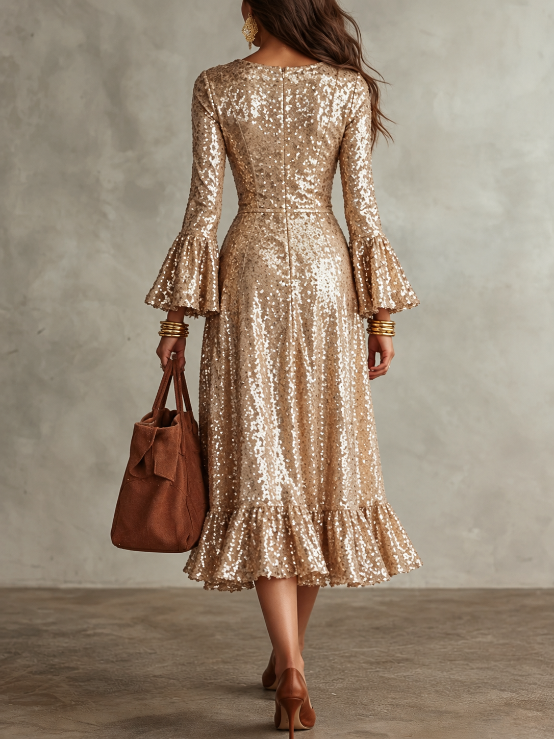 Champagne Sequin Ruffle Midi Dress