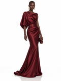 Burgundy Satin One Shoulder Draped Maxi Dress