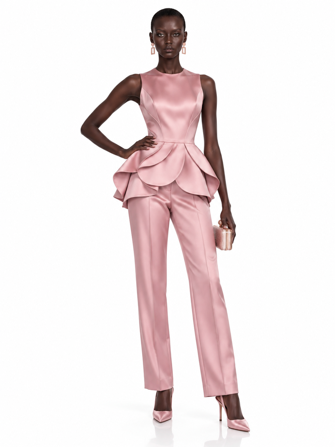 Pink Satin Peplum Top and Pants Set