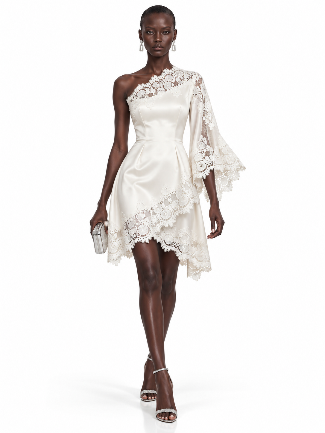 Cream Lace One Shoulder Ruffle Mini Dress