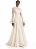 Cream Lace Bell Sleeve A-Line Maxi Dress