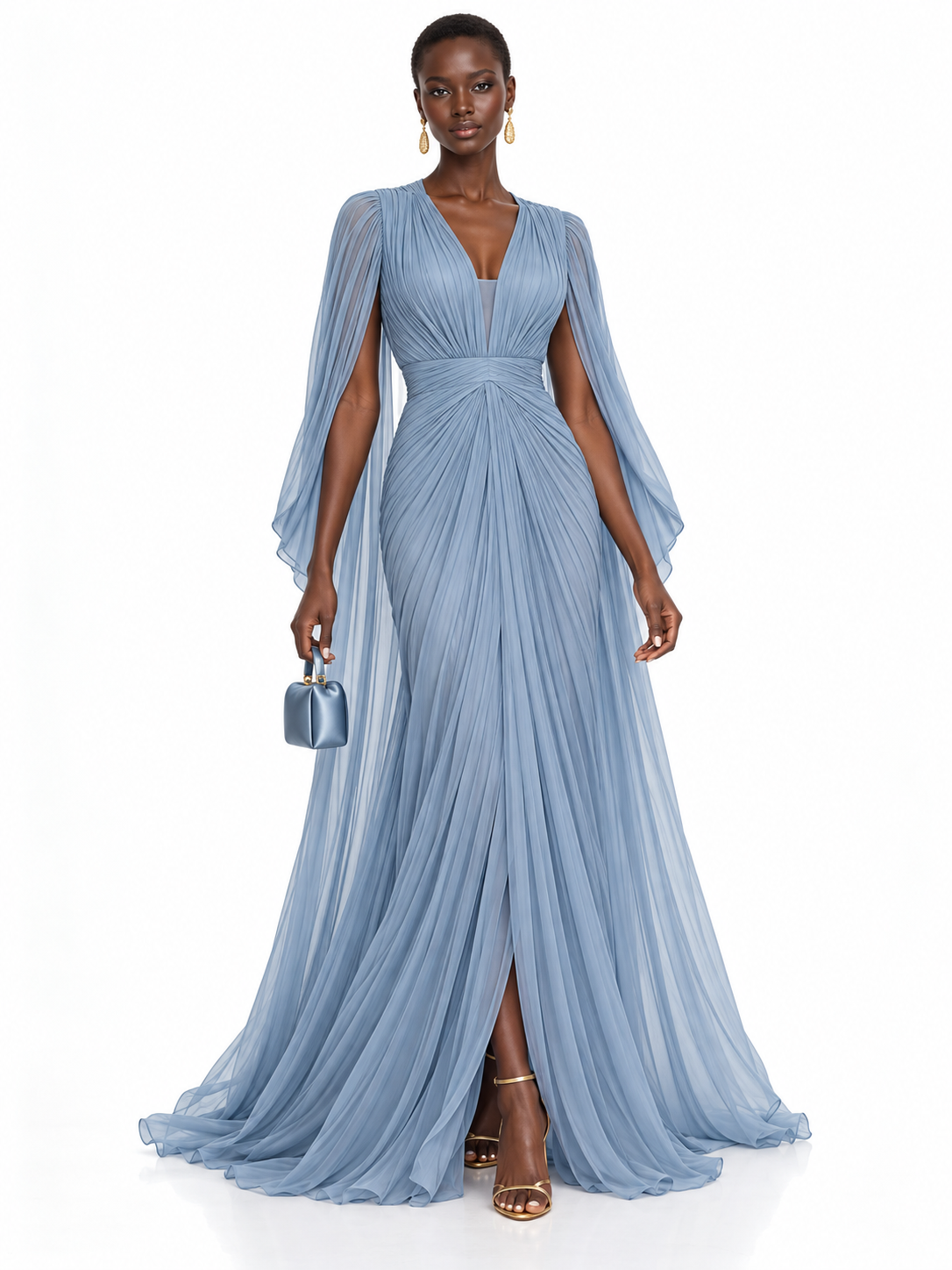 LightBlue Plunge Neck Draped Maxi Dress