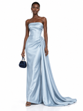 LightBlue Satin Strapless Draped Maxi Dress