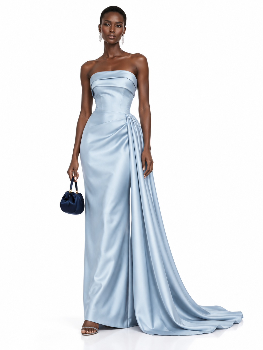 LightBlue Satin Strapless Draped Maxi Dress