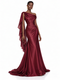 Burgundy Satin One Shoulder Draped Maxi Dress