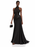 Black Lace Halter Draped Maxi Dress
