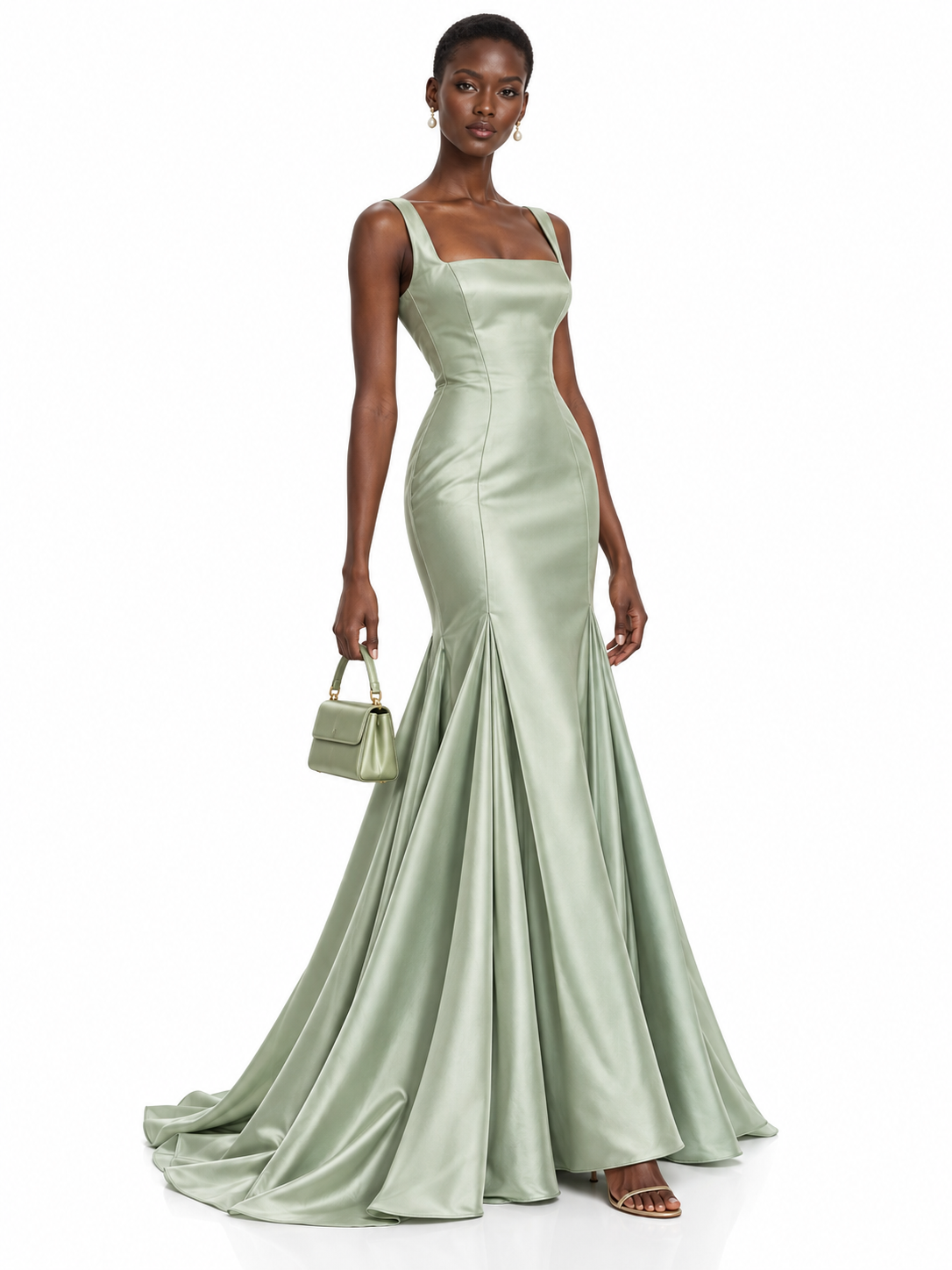 Sage Green Satin Square Neck Mermaid Maxi Dress