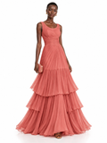 Coral Tiered Ruffle Sleeveless Maxi Dress