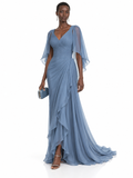 LightBlue V-Neck Draped Flutter Sleeve Maxi Dress