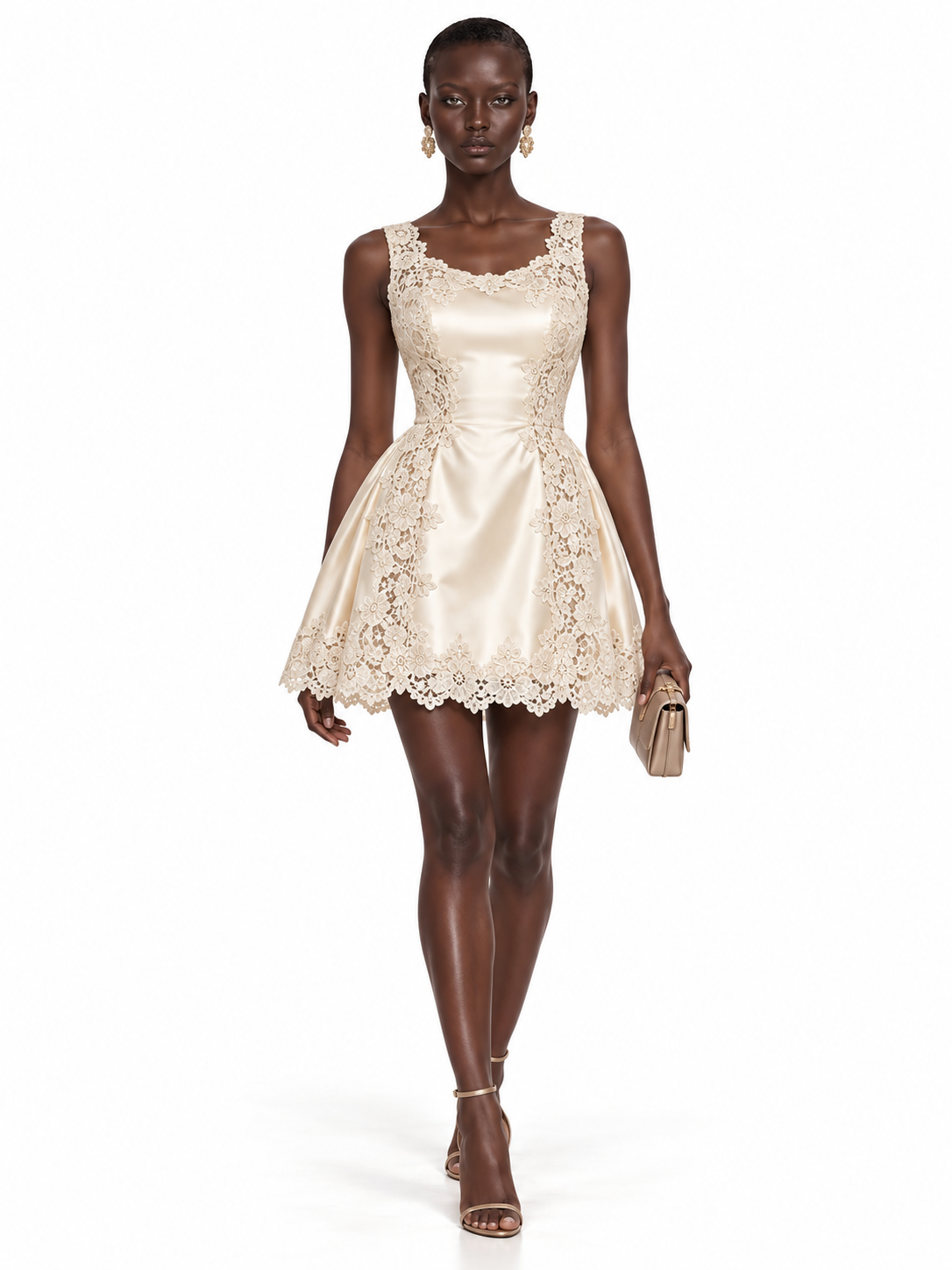 Cream Satin Lace Trim Sleeveless Mini Dress