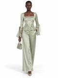 SageGreen Satin Lace Trim Long Sleeve Top and Pants Set