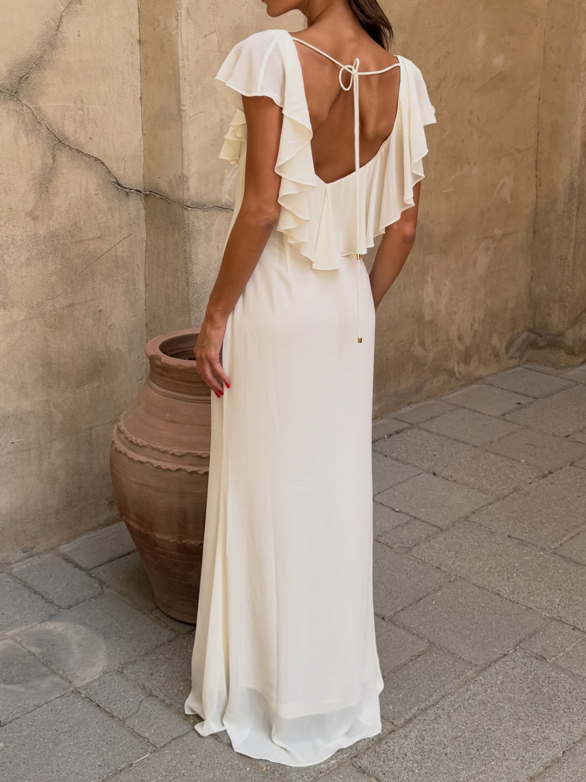 Ivory Ruffle Open-Back Chiffon Maxi Dress