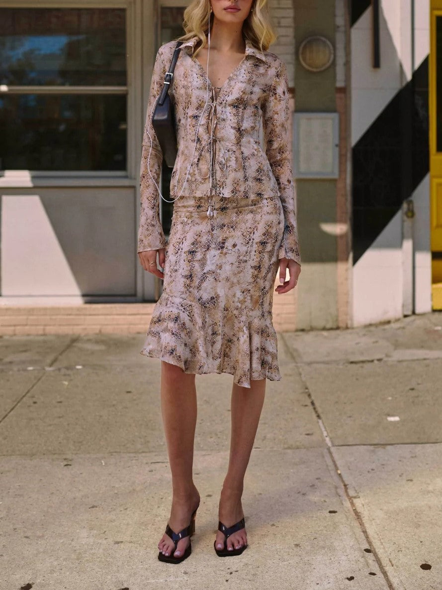 Beige Snake Print Tie Front Midi Dress