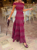 Burgundy Lace Trim Off Shoulder Mermaid Maxi Dress