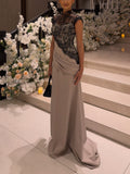 Taupe Satin Lace Bodice Draped Maxi Dress