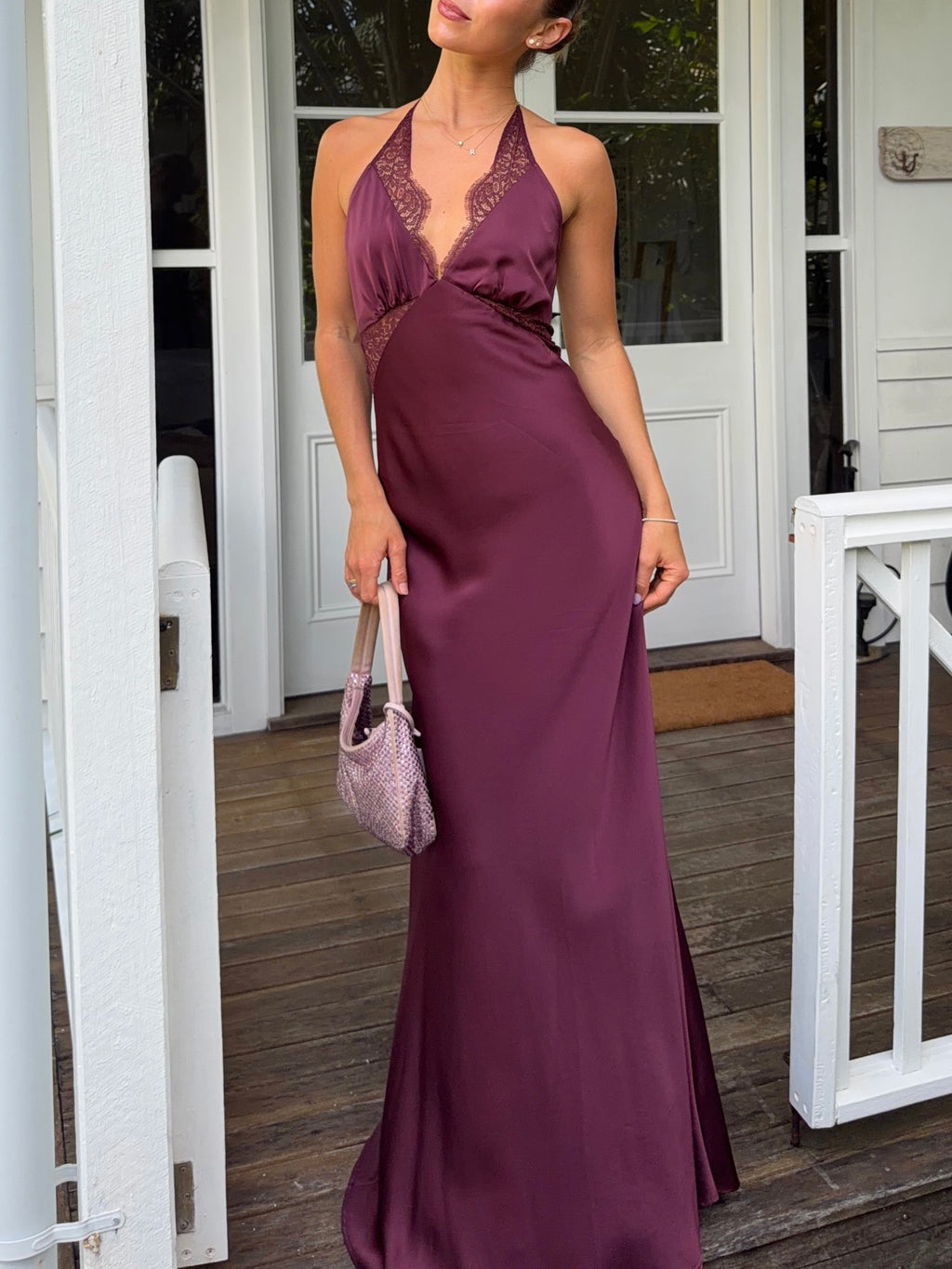 Plum Satin Lace Trim Halter Open Back Maxi Dress