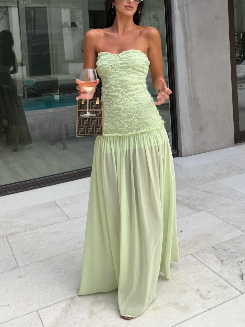 LightGreen Strapless Ruched Bodice Maxi Dress