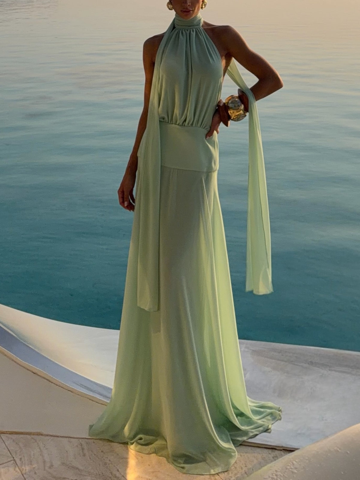 LightGreen Chiffon Halter Maxi Dress