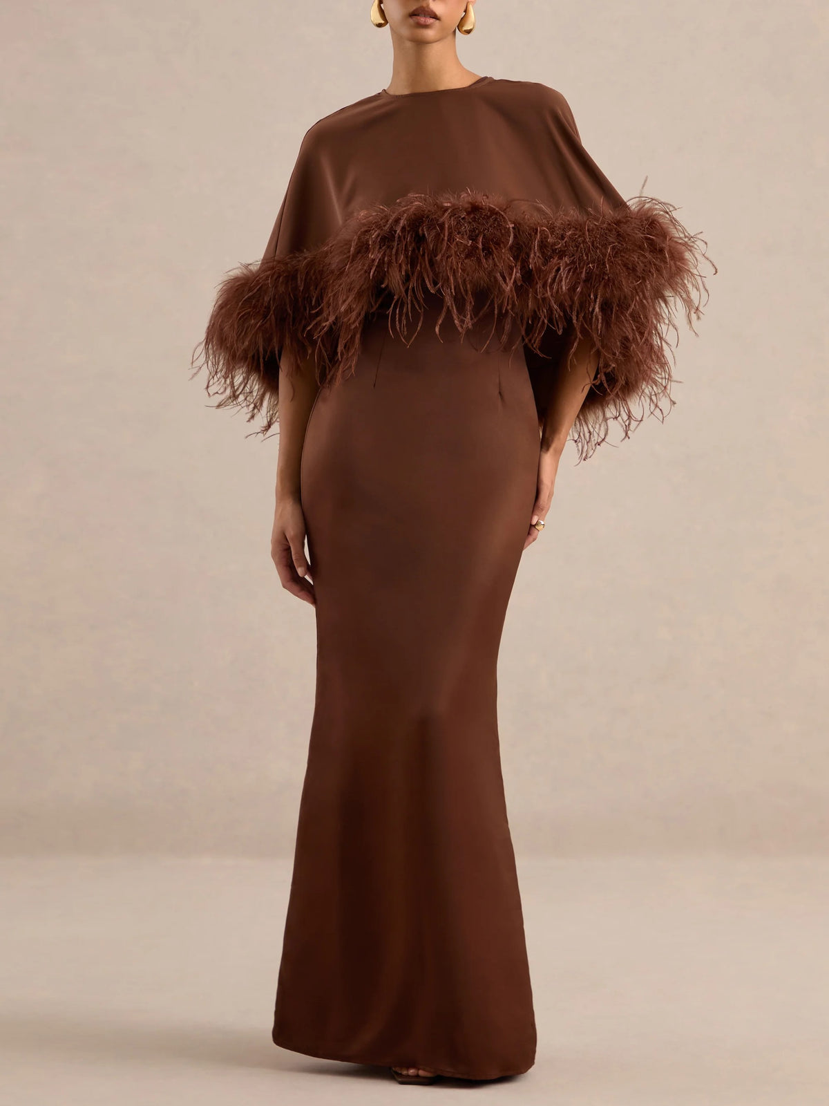 Brown Off Shoulder Feather Trim Maxi Dress