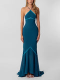 Teal Halter Ruffle Hem Maxi Dress