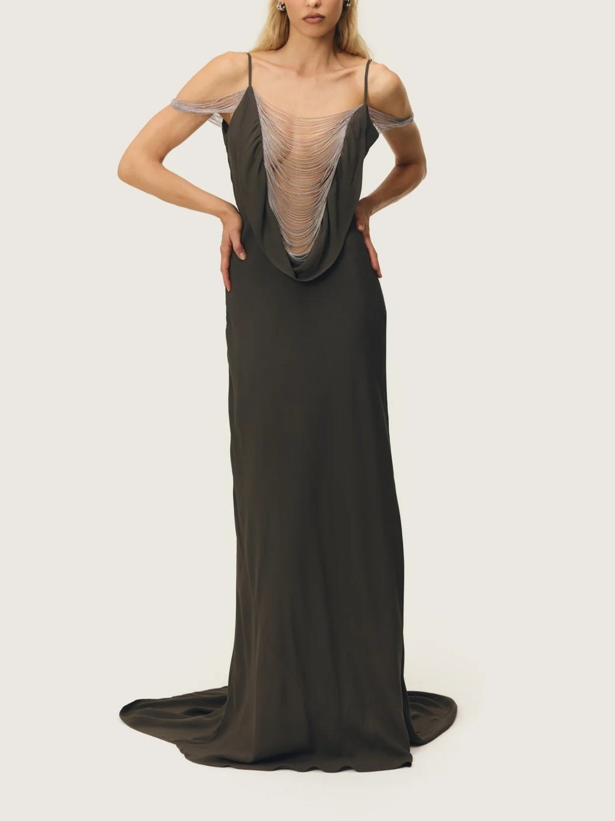 DarkOlive Cowl Neck Chain Detail Maxi Dress