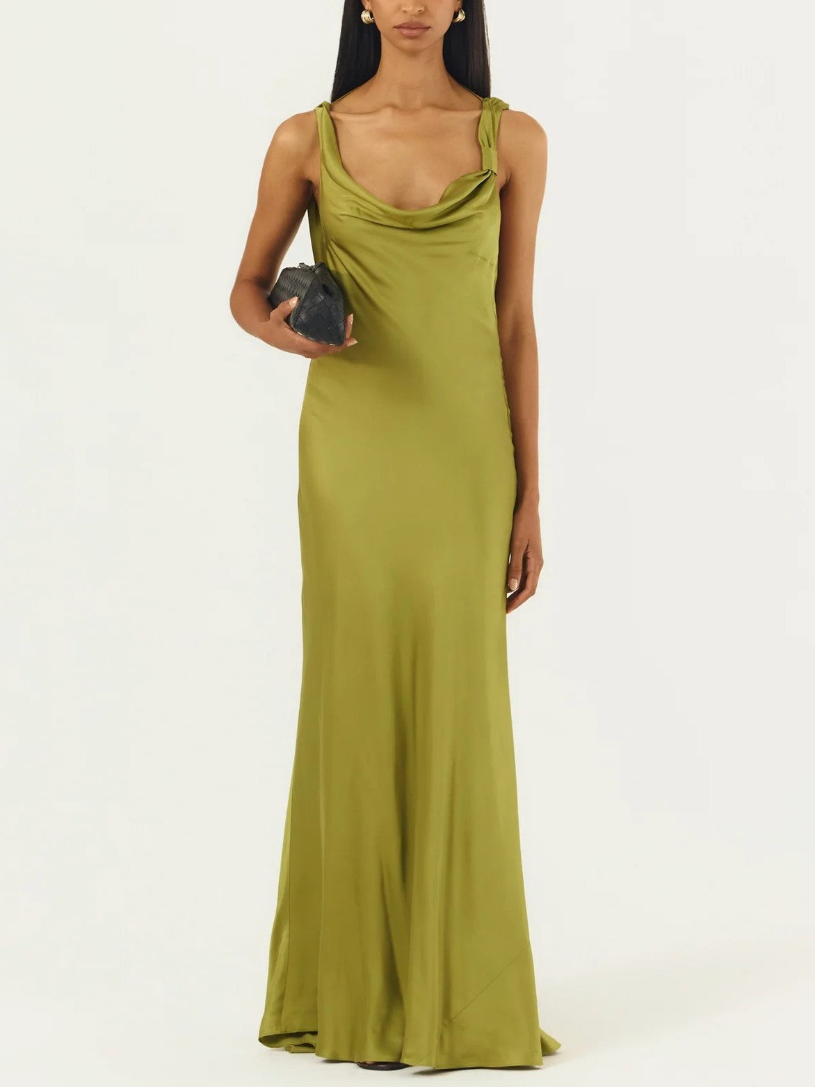Olive Satin Cowl Neck Open Back Maxi Dress