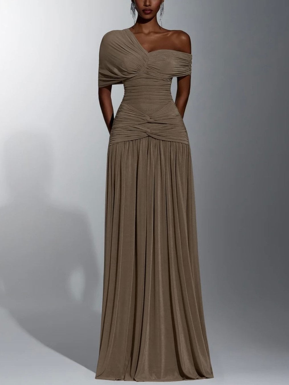 Taupe Off Shoulder Draped Pleated Maxi Dress