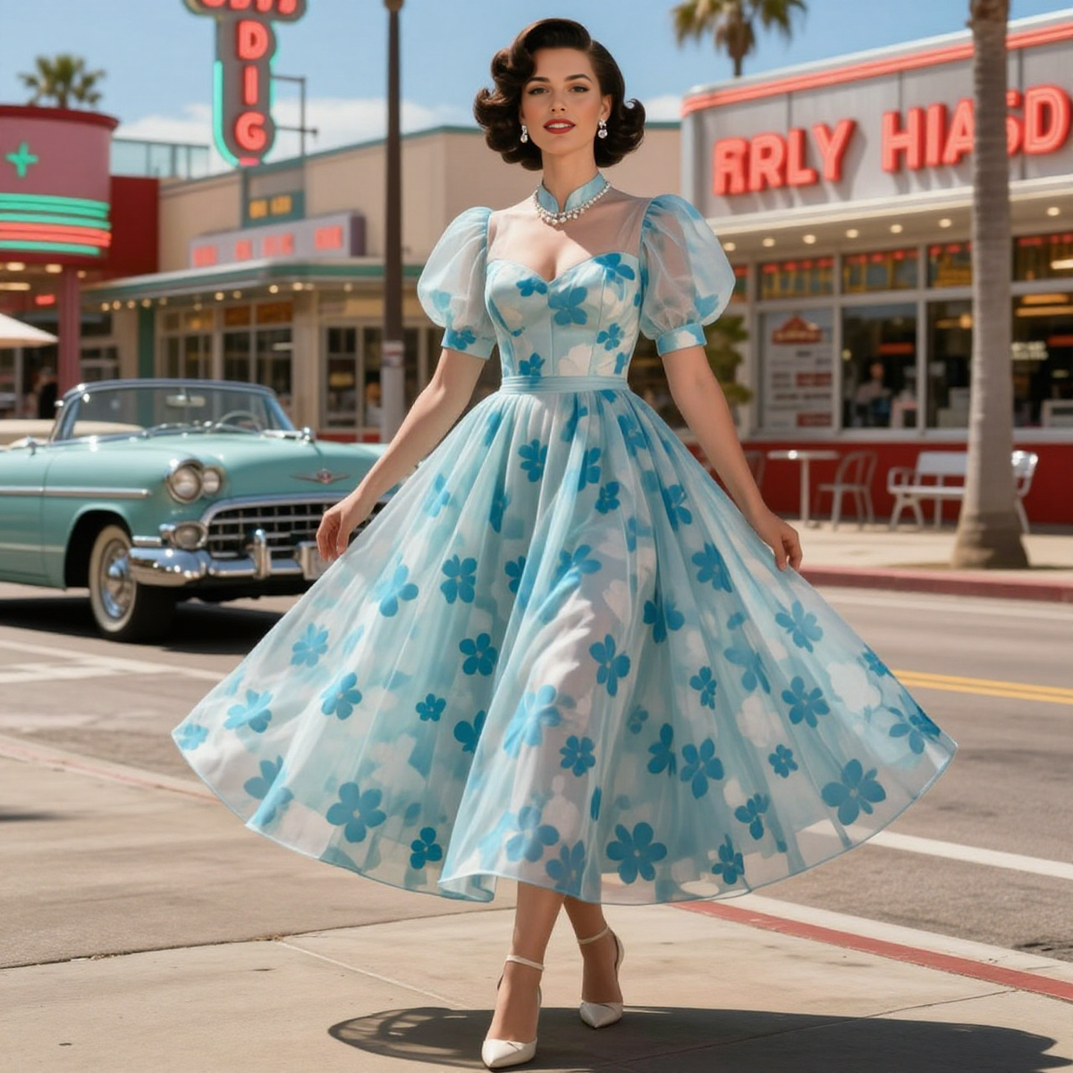 Puff Sleeve Floral Sheer Tulle Midi Dress