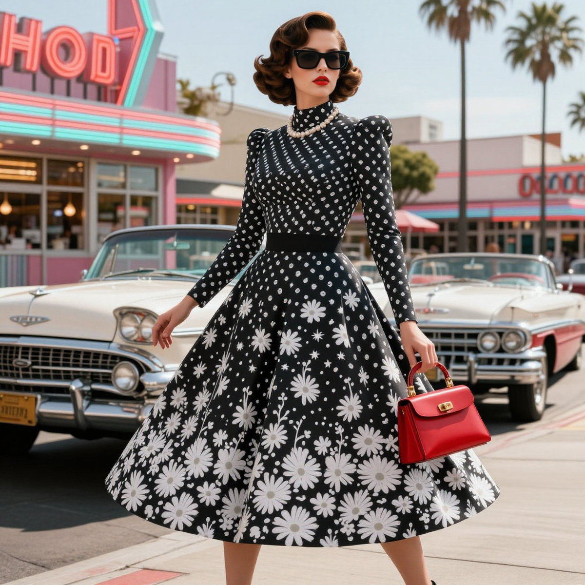 High Neck Polka Dot And Daisy Print Midi Dress
