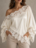 Ivory Satin Lace Trim One Shoulder Blouse