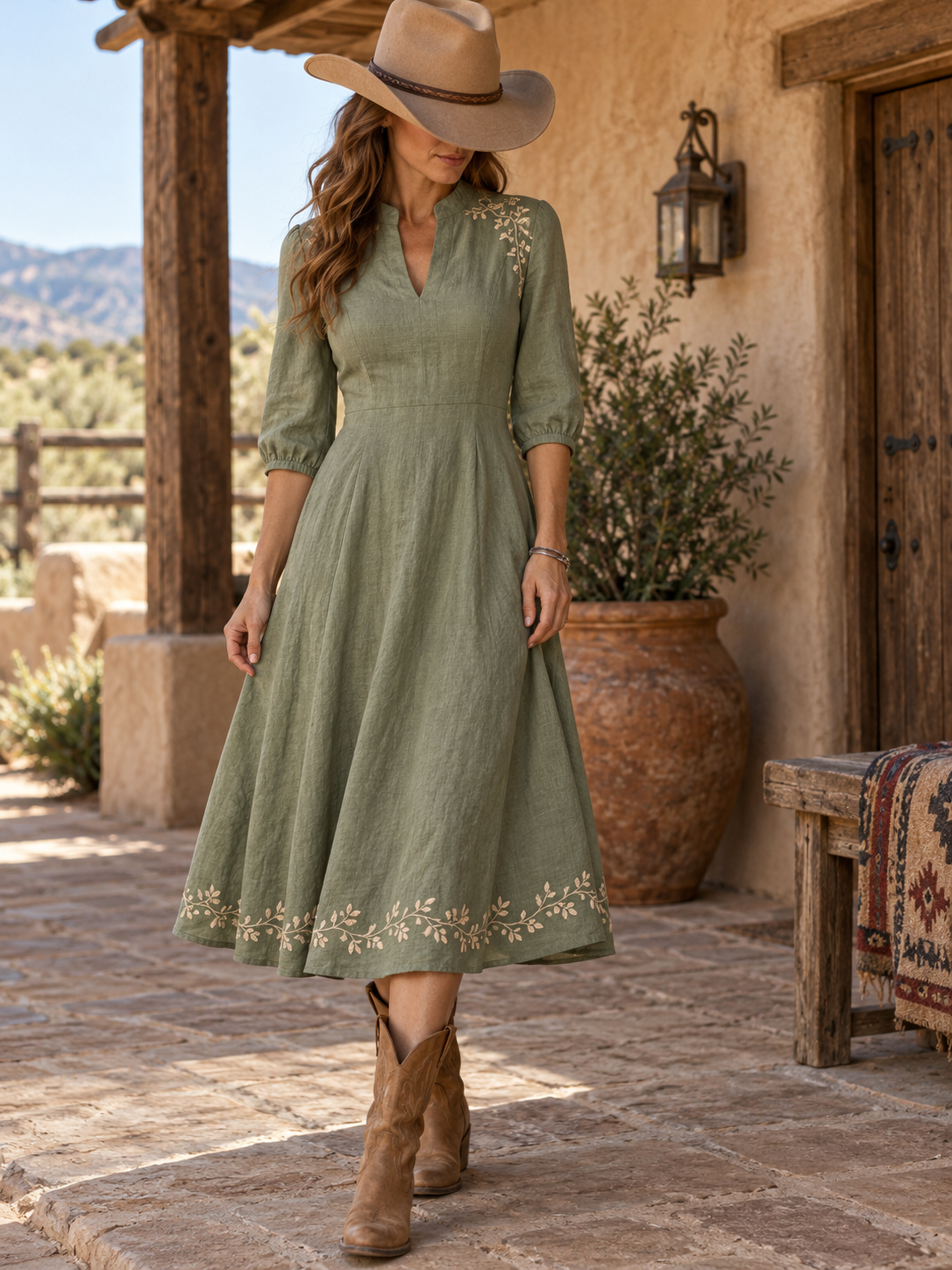 SageGreen Embroidered V Neck Midi Dress