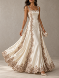 Cream Satin Lace Trim Sleeveless Maxi Dress