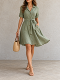 SageGreen Linen Button Front Midi Dress