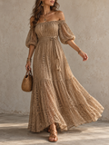 Beige Off Shoulder Crochet Lace Tiered Maxi Dress