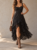 Black Lace Ruffle Tiered High Low Midi Dress