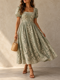 SageGreen Floral Embroidered Square Neck Midi Dress