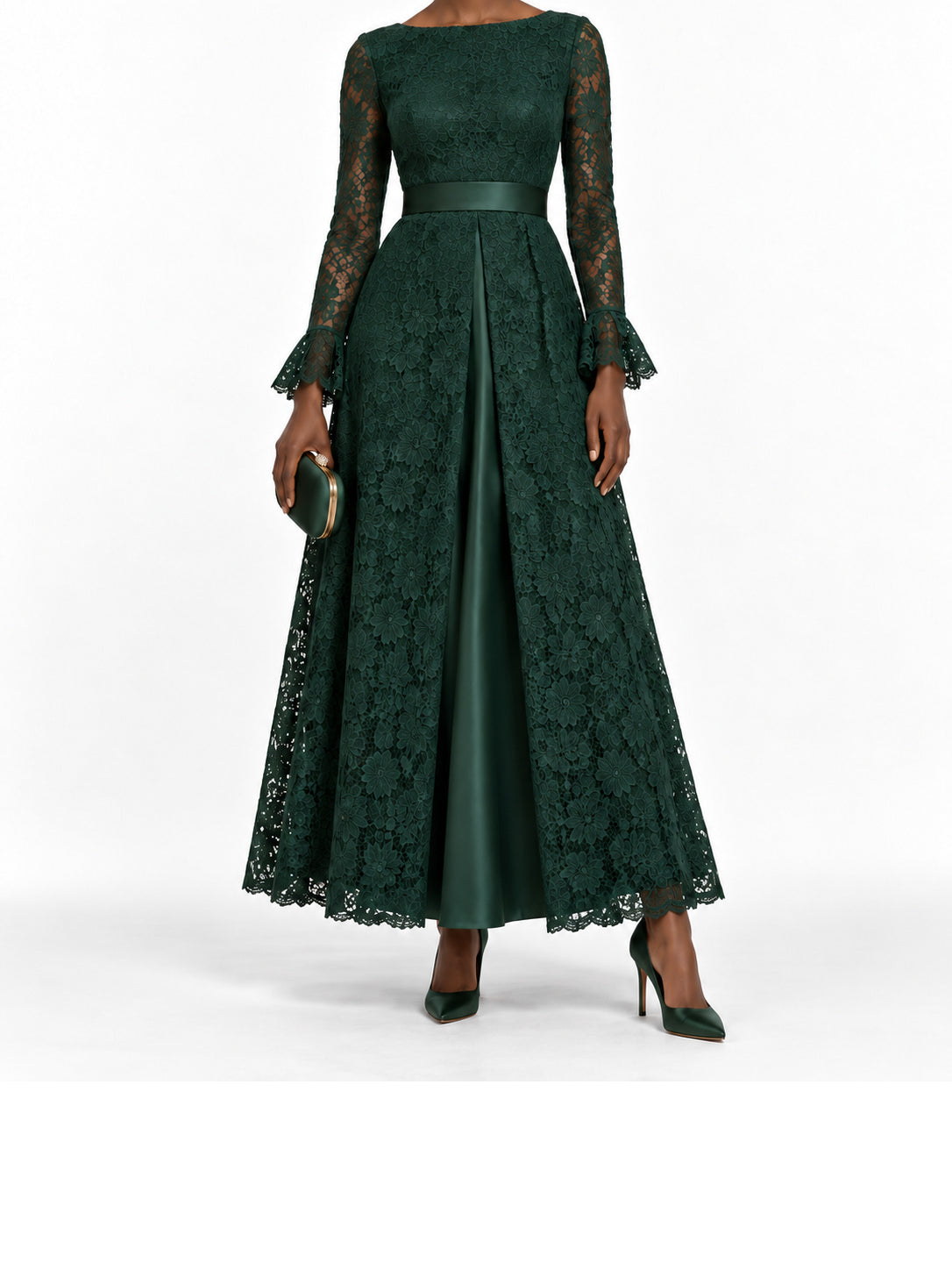DarkGreen Lace Long Sleeve Maxi Dress