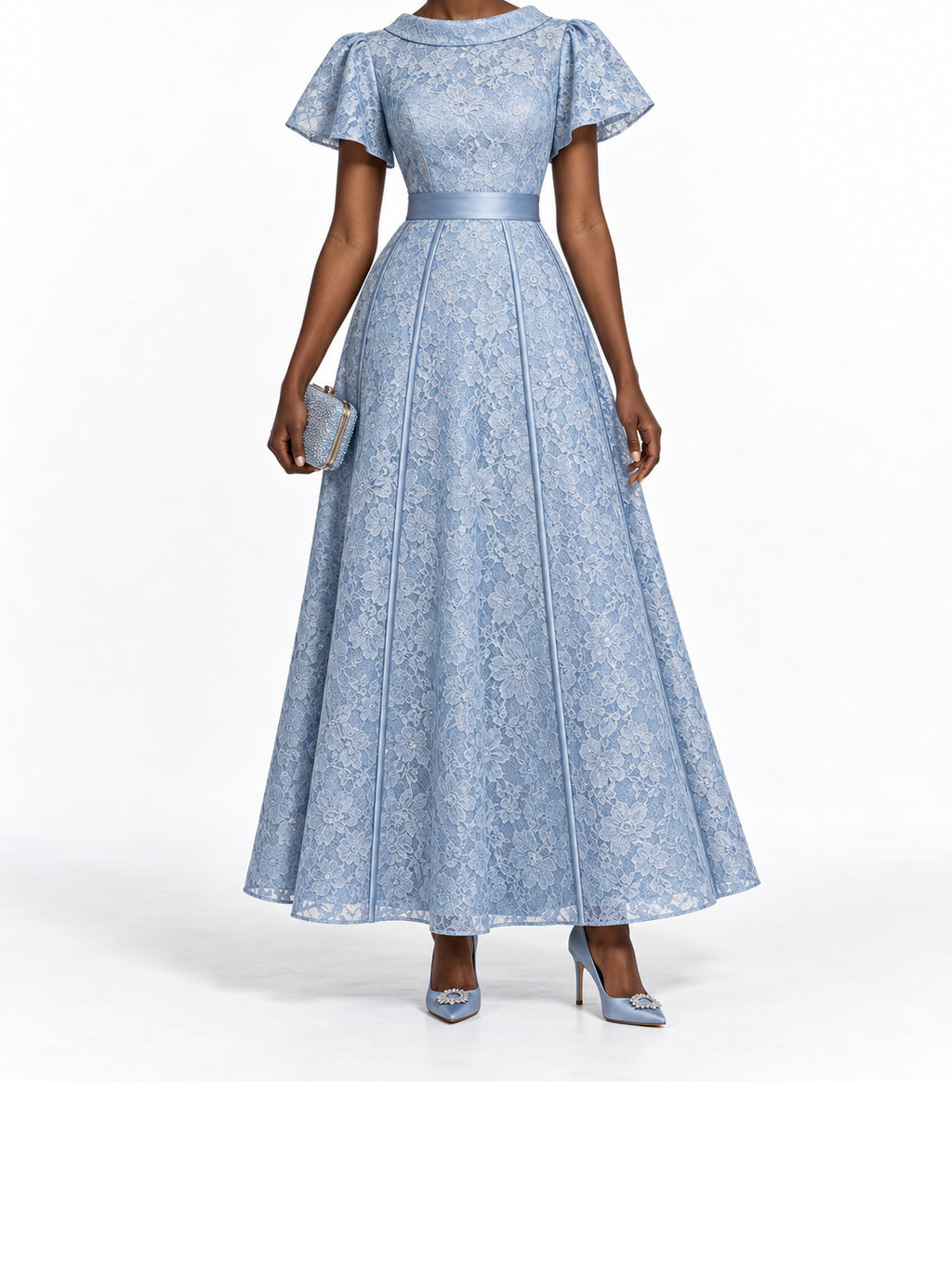 LightBlue Lace Short Sleeve Maxi Dress