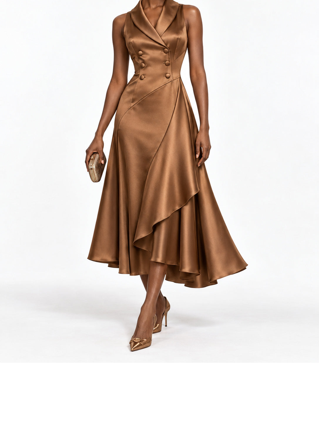 Camel Satin Shawl Collar Asymmetric Midi Dress