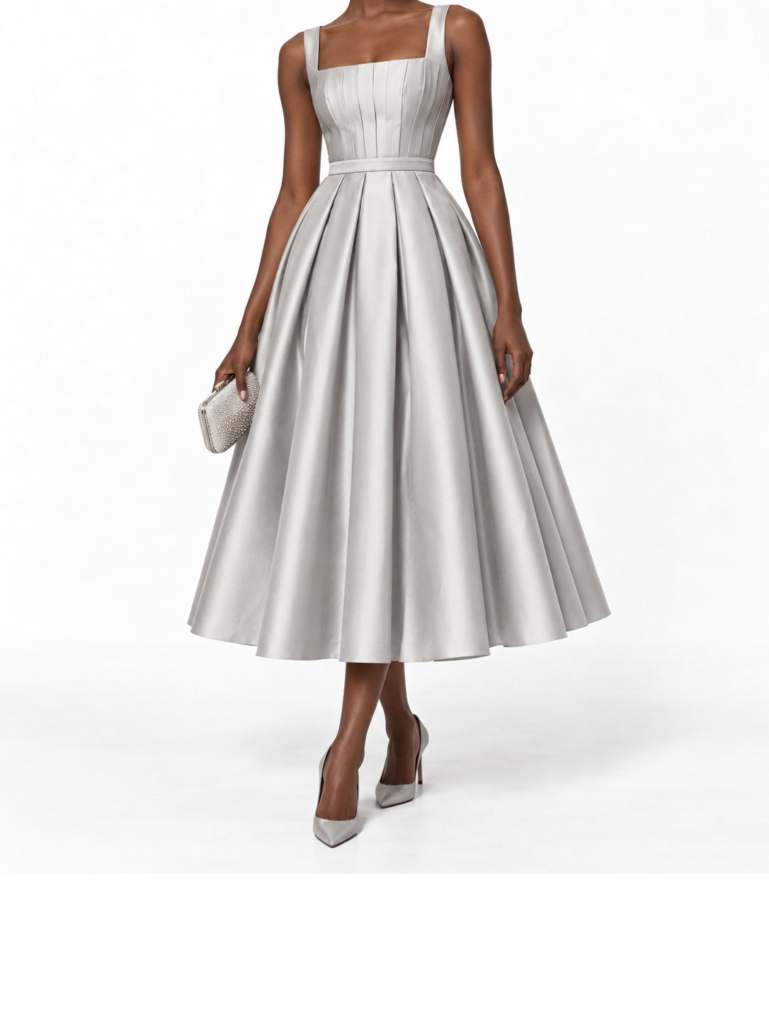 Silver Satin Square Neck Pleated Midi Dress