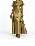 Gold Satin High Neck Ruffle Sleeve Maxi Dress