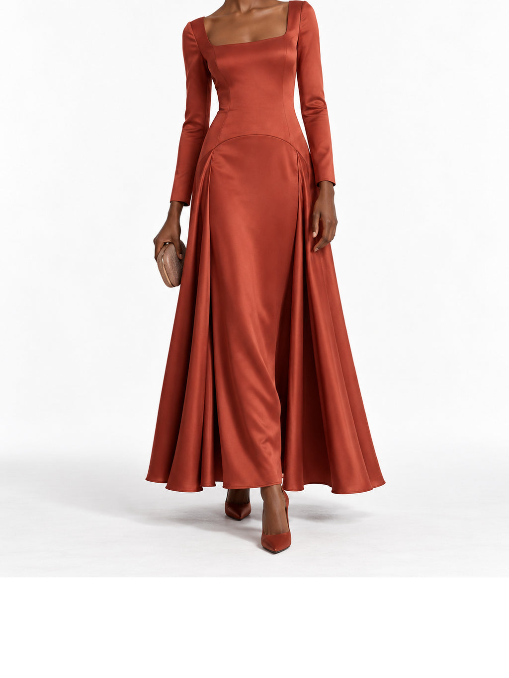 Rust Satin Square Neck Maxi Dress
