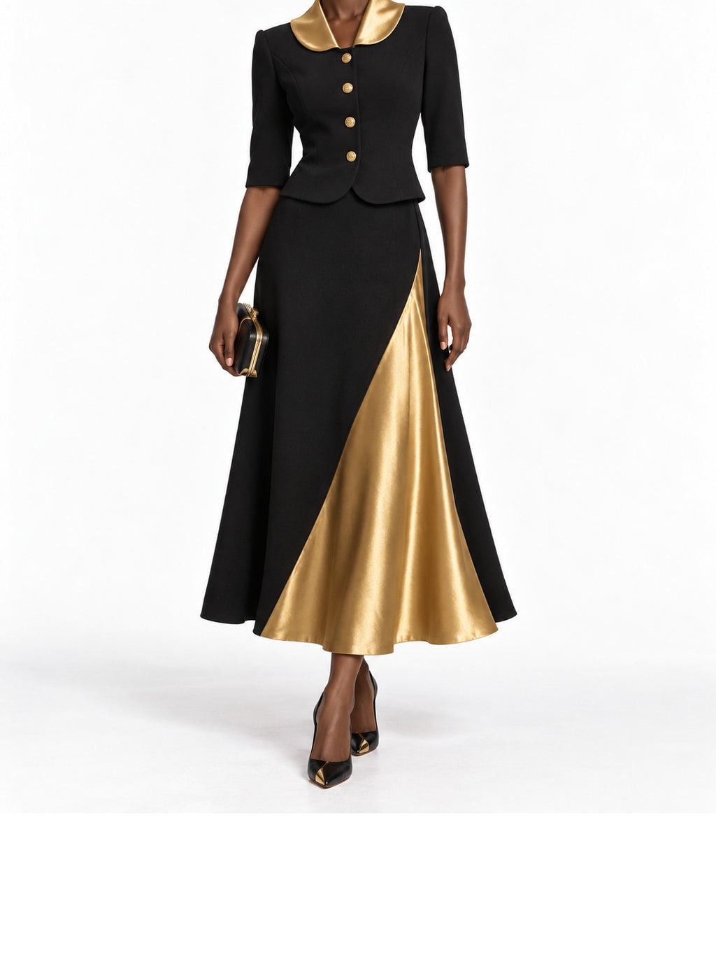Black Gold Satin Panel Midi Dress